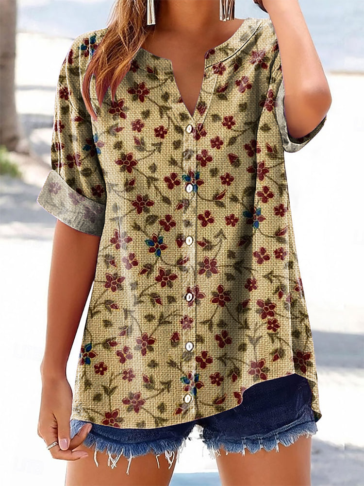 Women's Vintage Floral Art Print Casual Cotton And Linen Shirt