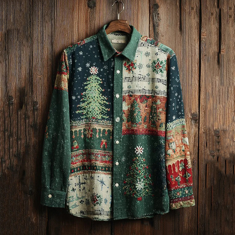 Vintage Men's Musical Christmas Tree Colorblock Print Long Sleeve Shirt artswardrobe