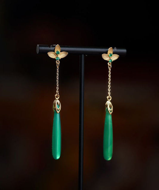Green Sterling Silver Green Agate Water Drop Tassel Drop Earrings