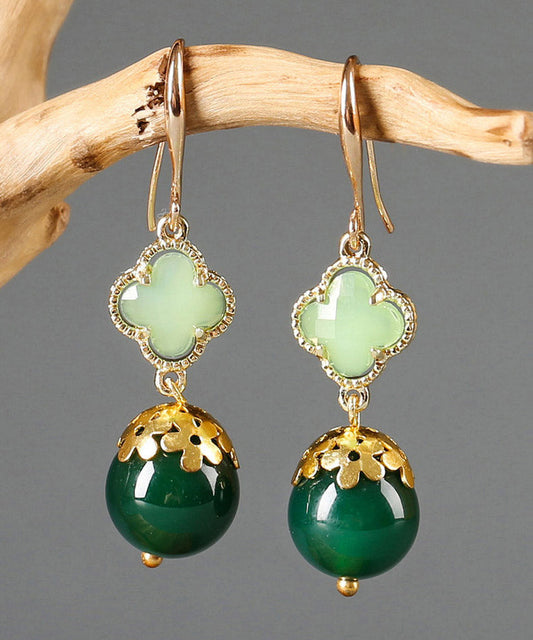 Green Sterling Silver Agate Coloured Glaze Clover Drop Earrings