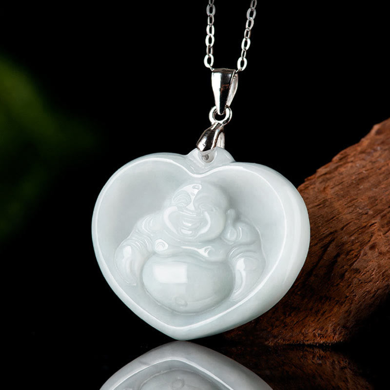 Buddha Stones Laughing Buddha White Jade Luck Blessing Titanium Steel Chain Necklace Pendant