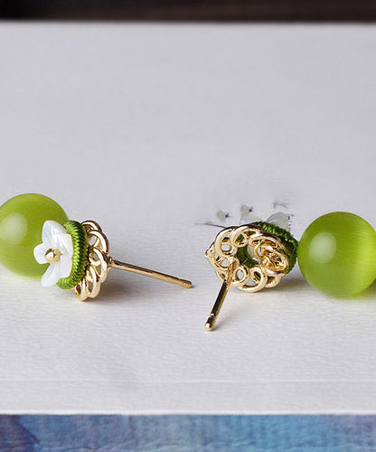 Yellow Green Shell Flower Cymophanite Drop Earrings