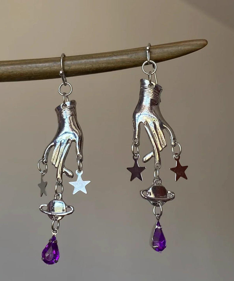 Unique Silk Stainless Steel Crystal Five-pointed Star Palm Drop Earrings