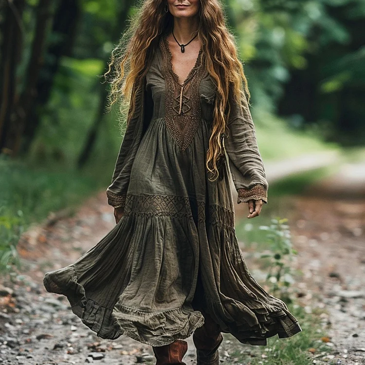 Vintage Bohemian Linen Ethnic  Long-sleeve Casual Maxi Long V-neck Dress artswardrobe
