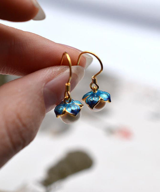 Yellow Sterling Silver Overgild Pearl Cloisonne Enamel Drop Earrings