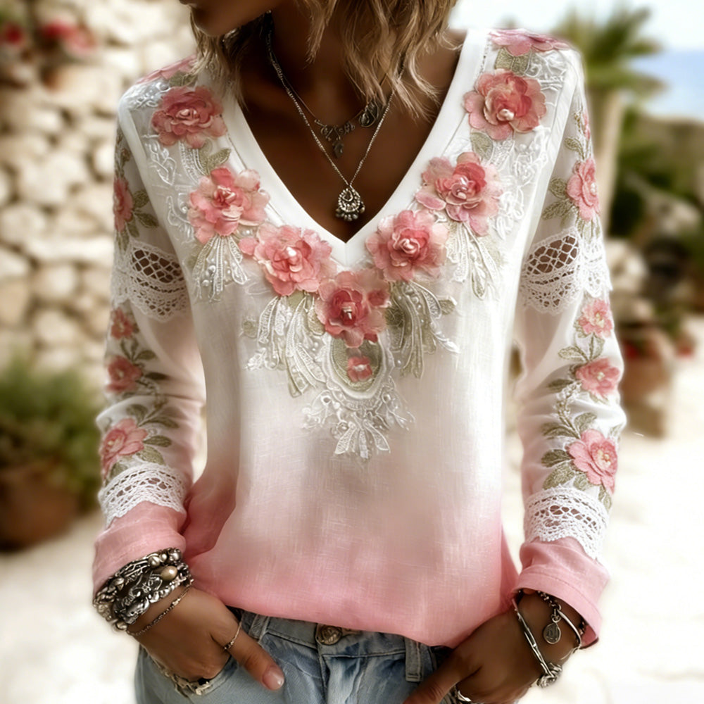 Women's Pink Rose Embroidery Art V Neck Long Sleeve Linen Blend T-shirt elevenforest