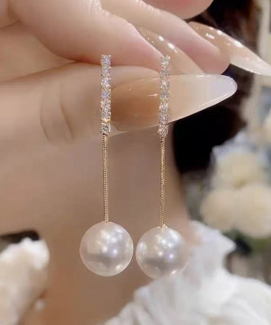 Gold Sterling Silver Overgild Zircon Pearl Tassel Drop Earrings