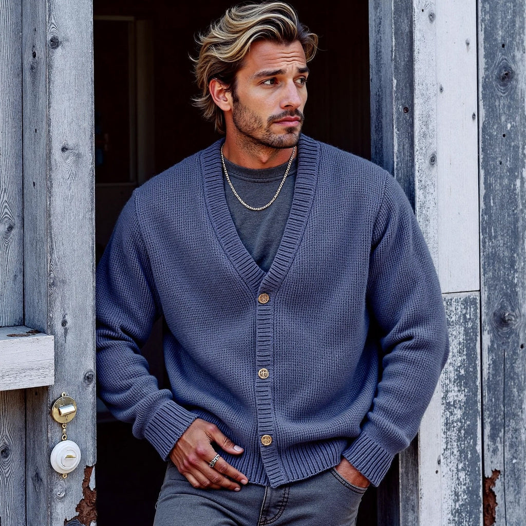 Men's Solid Color V-Neck Button Sweater Cardigan artswardrobe