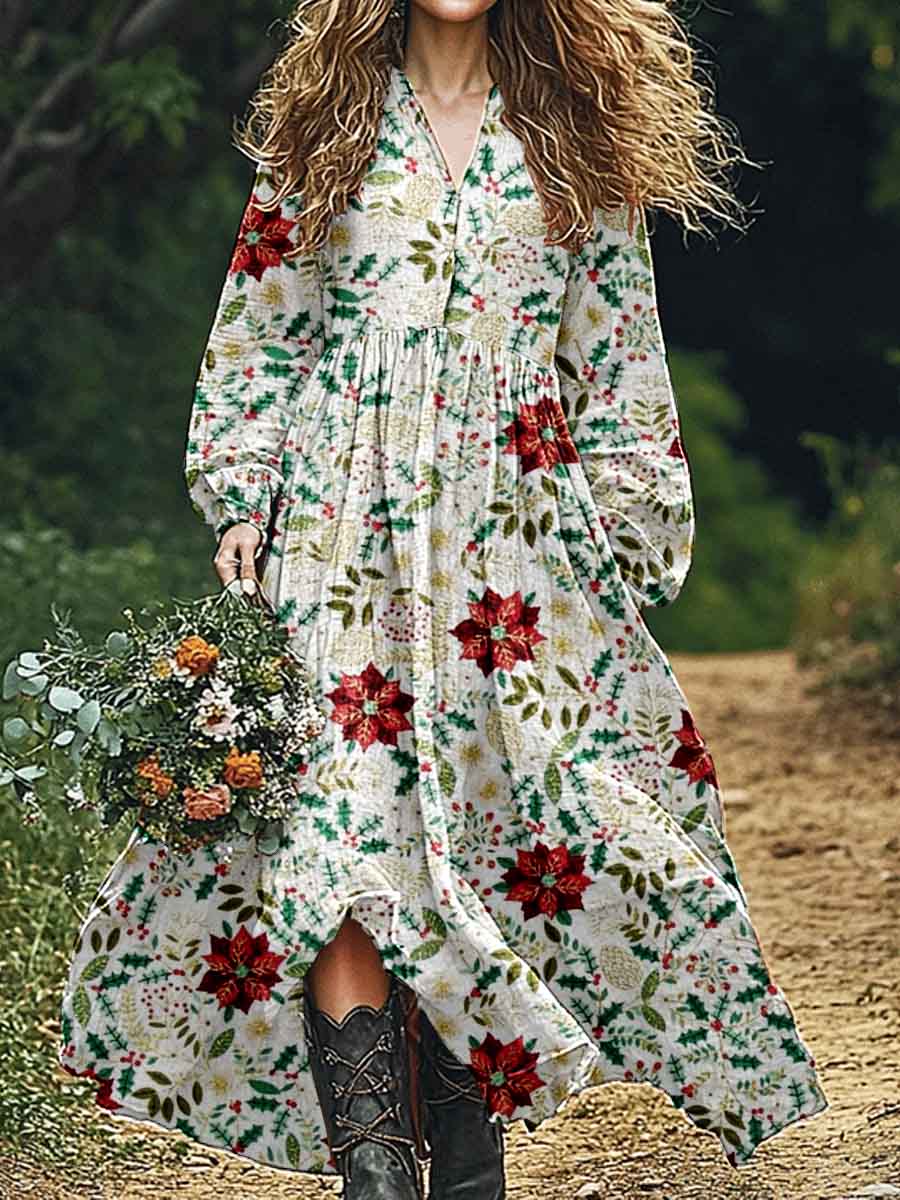 Women's Christmas Vintage Art Floral Pattern Cotton And Linen Dress