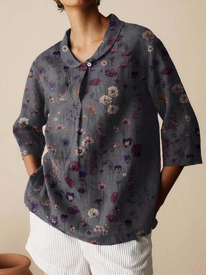 Women's Floral Art  Print Casual Linen Cotton 3/4 Sleeve Shirt