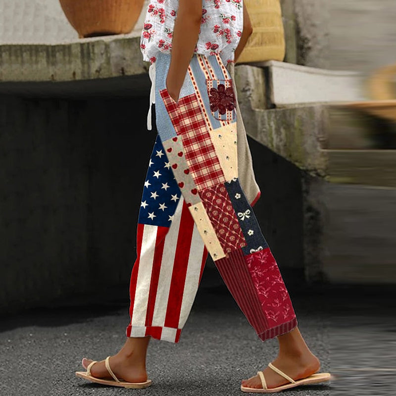 Women's Vintage Floral Independence Day Print Linen Blend Casual Pants artswardrobe