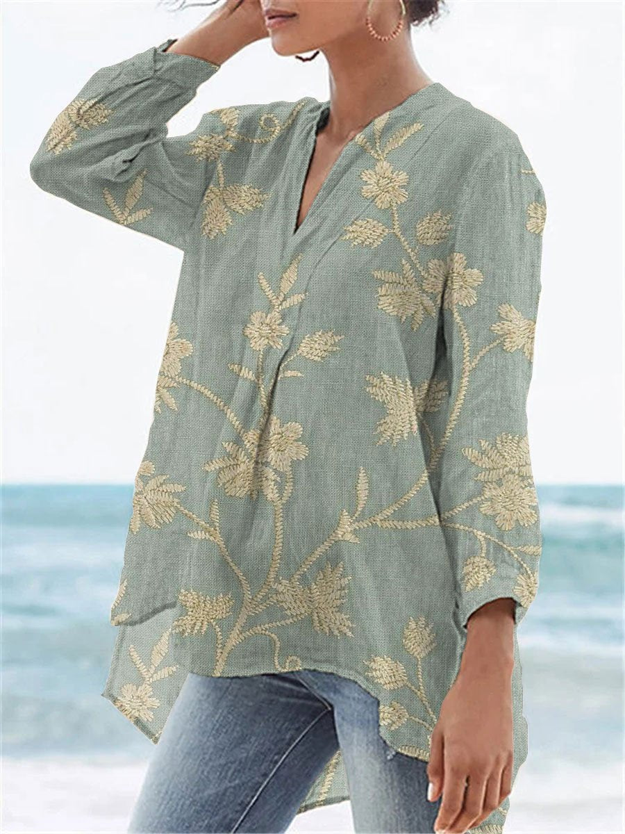 Women's Vintage Floral Art Print Casual Linen V-neck Shirt