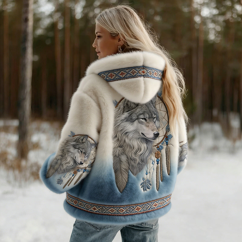 Comstylish Women's Vintage Wolf Art Knit Cozy Flannel Hoodie