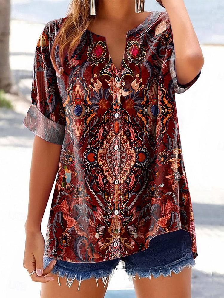 Women's Ethnic Totem Print Casual Cotton And Linen Shirt