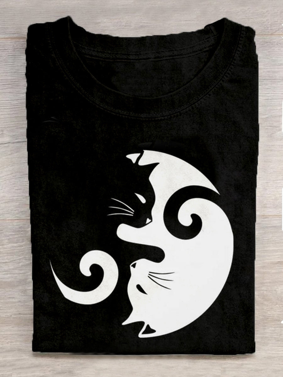 Women's Black And White Cats Print Vintage T-shirt elevenforest