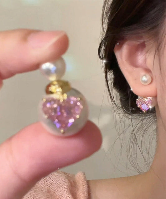 Pink Copper Alloy Zircon Love Pearl Stud Earrings