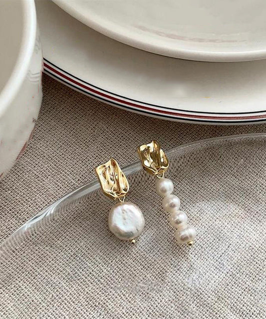 White Alloy Asymmetrical Pearl Drop Earrings