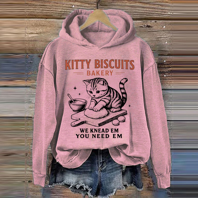 Women's Cute Kitty Biscuits Bakery Print Hoodie elevenforest