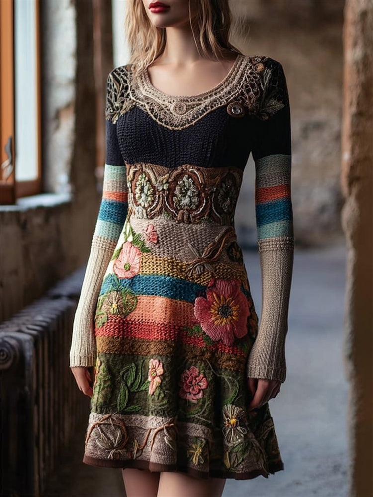 Boho Floral Crochet Colorful Striped Cozy Knit Sweater Dress