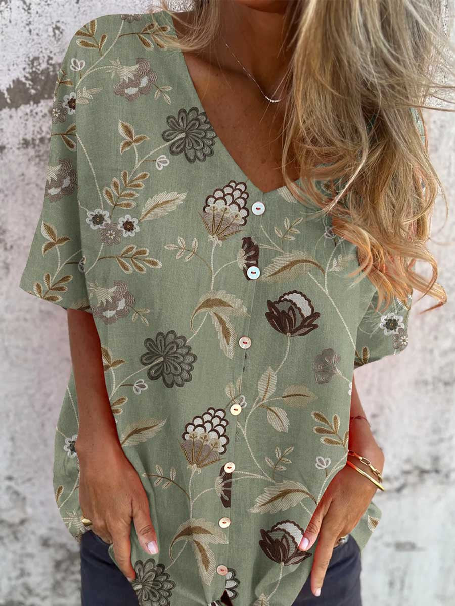 Women's Elegant Floral Shirt Style Cotton and Linen Top
