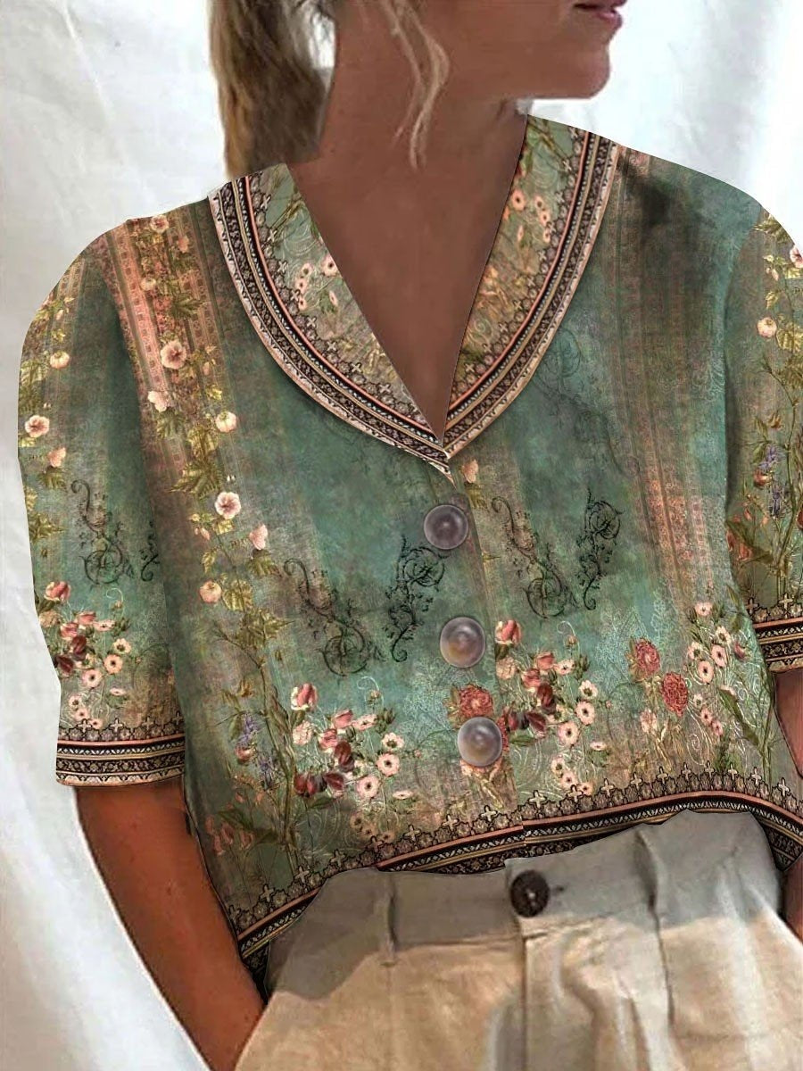 Women Floral Print Retro Casual Shirt