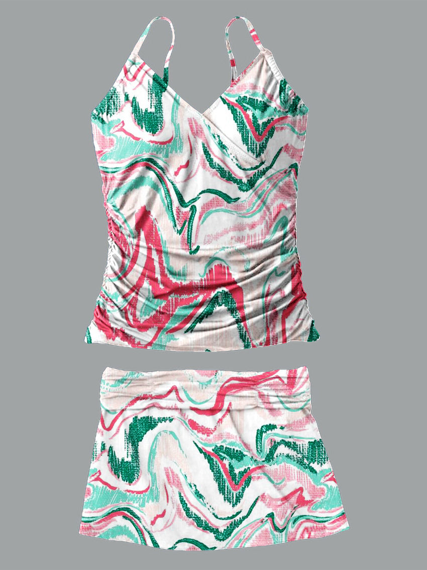 V-Neck Vintage Color Ripple Print Suspender Skirt Tankini Pantskirt Set Swimsuit