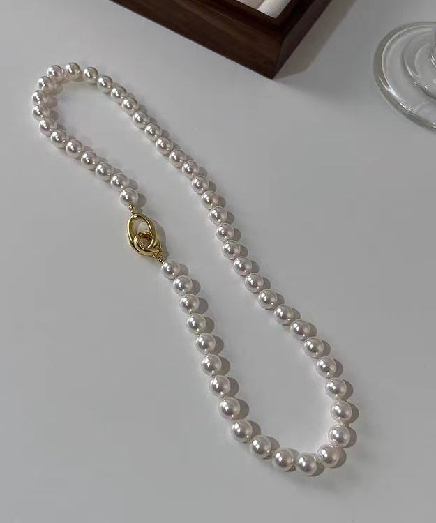 White Sterling Silver Overgild Pearl Beading Gratuated Bead Necklace