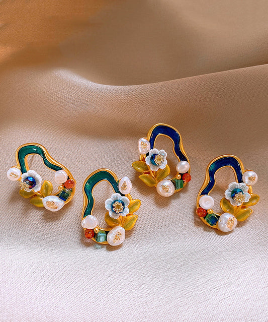 Stylish Blackish Green Copper Overgild Pearl Stud Earrings
