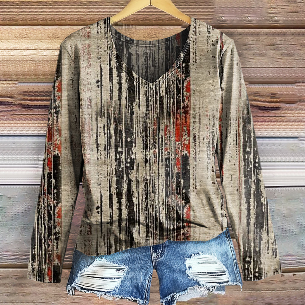 Women's Vintage Bohemian Art Print Casual V-neck Long Sleeve T-shirt