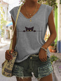 Women's Casual Black Cat Print Vest elevenforest