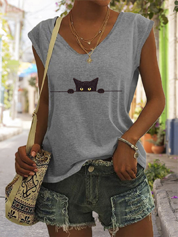 Women's Casual Black Cat Print Vest elevenforest