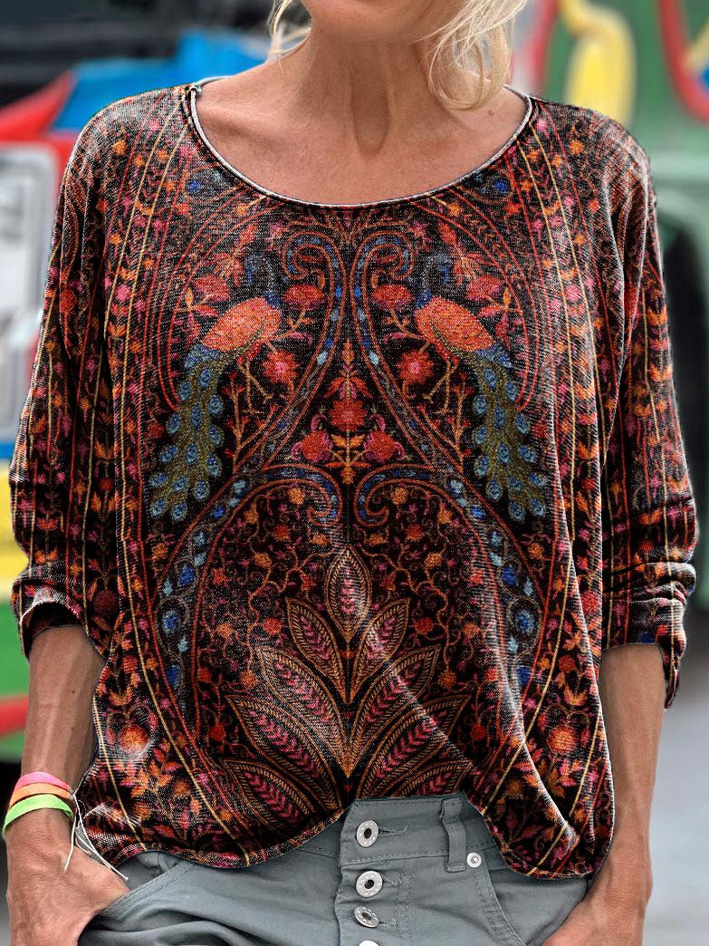 Retro Ethnic Floral Peacock Pattern Art Print Casual Long Sleeve T-shi