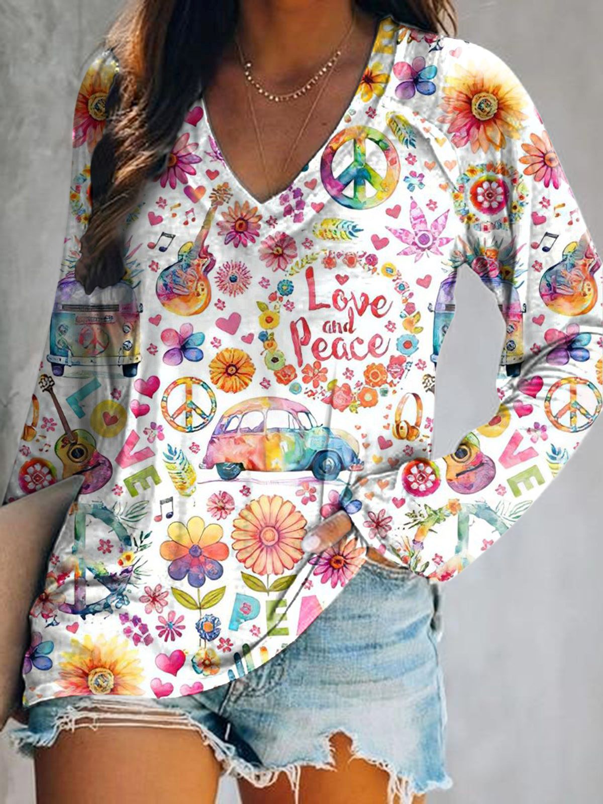 Women's Peace Loving Hippy Graphic Art Print V-Neck Long Sleeve Top