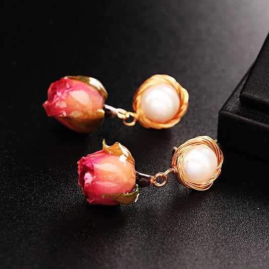 Red Gradient Color Sterling Silver Alloy Pearl Rose Drip Oil Drop Earrings