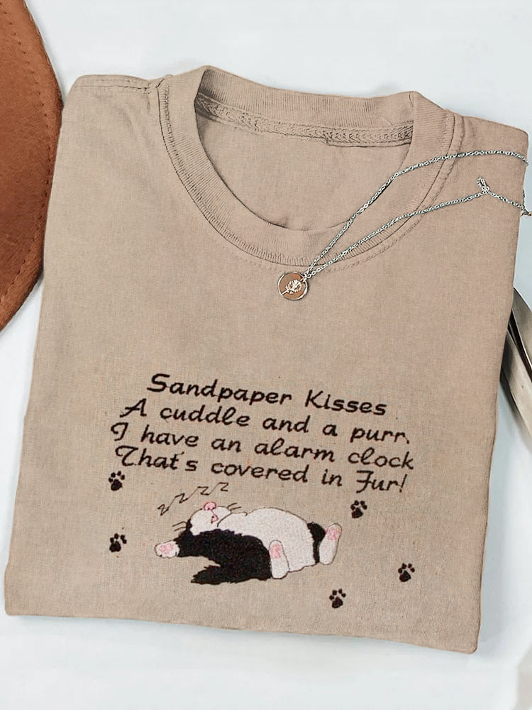 Sleeping Cat Embroidered Text Print T-Shirt elevenforest