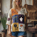 Vintage Abstract Creative Cute Cat Patchwork Art Embroidered Cozy Linen Blend T-shirt elevenforest