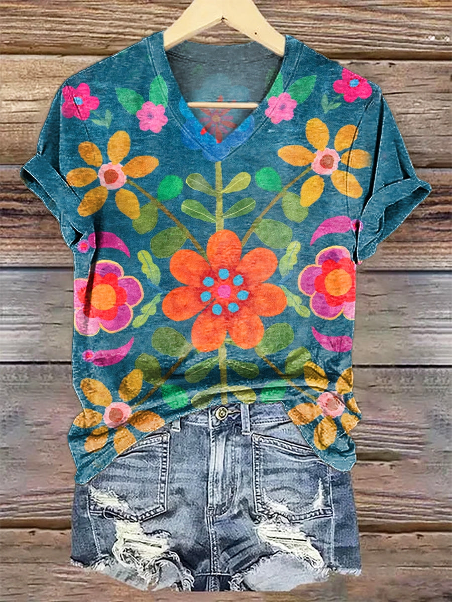 Women's Bohemian Floral Art Print V-neck Casual T-Shirt