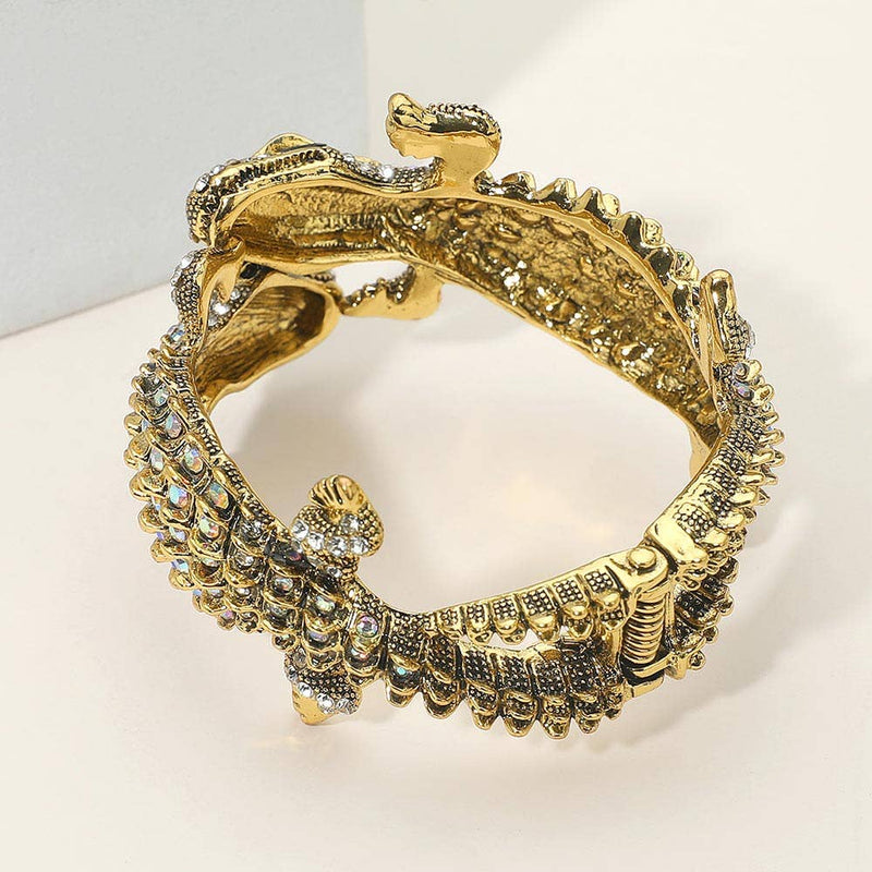 Double Crocodile/alligator Evening Hinged Cuff Bracelet: Ab Gold