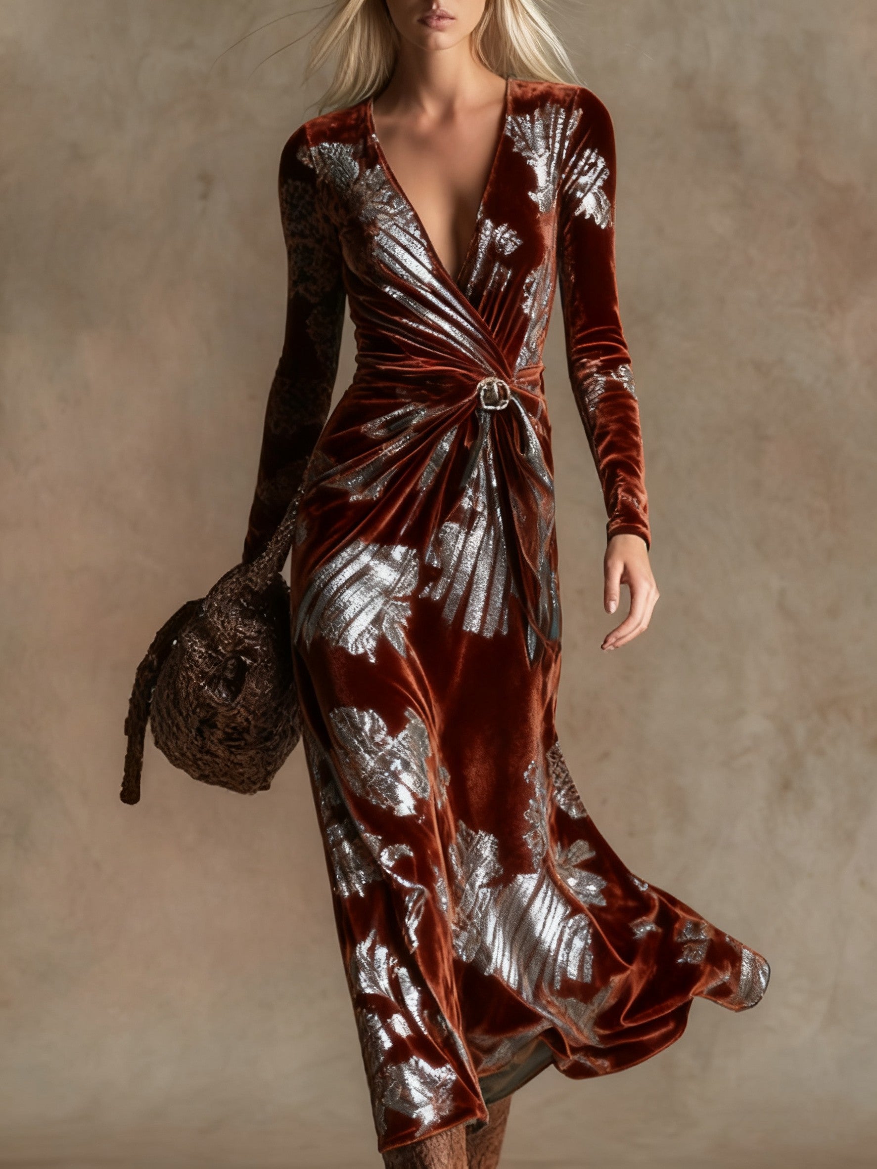 Elegant vintage print V-neck velvet maxi dress