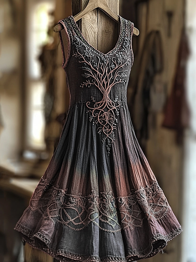 Women's Vintage Viking Tree Of Life Color Gradient Linen Dress artswardrobe