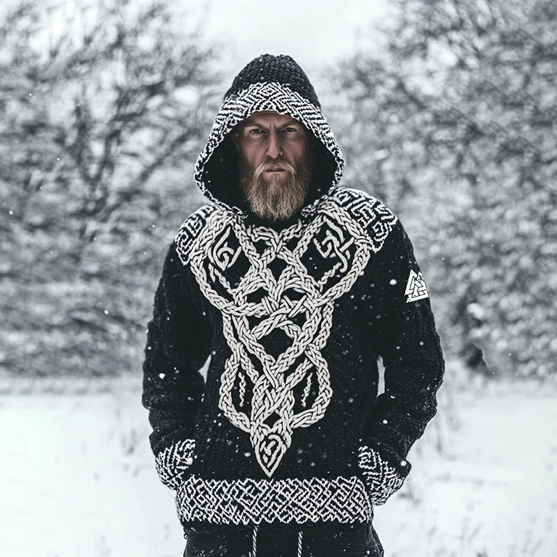 Men's Viking Inspired Runes Celtic Chunky Knit Cozy Hooded Sweater artswardrobe