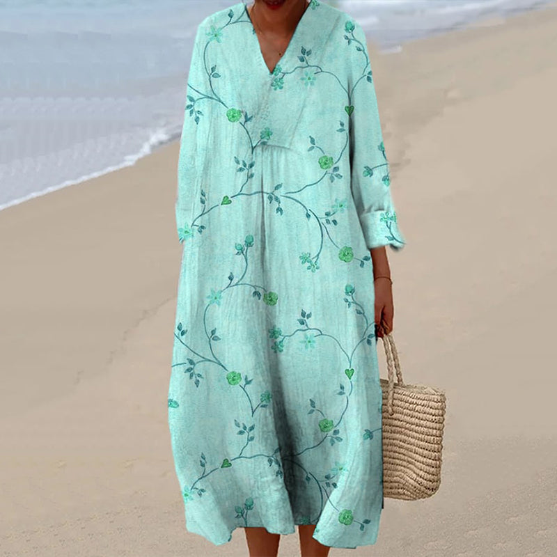 Vintage Floral Art Cotton Linen Comfy Maxi Dress artswardrobe