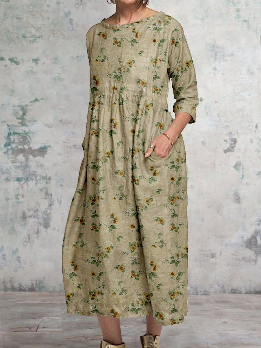 Women's Elegant Floral Classic Round Neck Cotton and Linen Dress