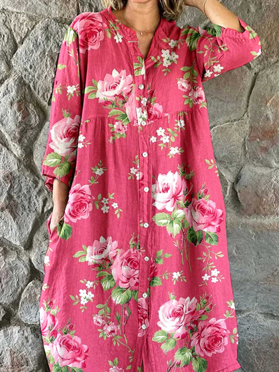 Women's Resort Art Watercolor Floral Cotton Shirt Dress