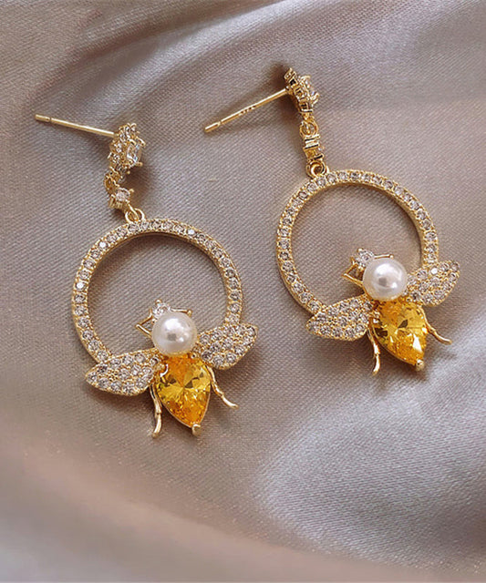 Yellow Alloy Crystal Zircon Bee Hoop Earrings