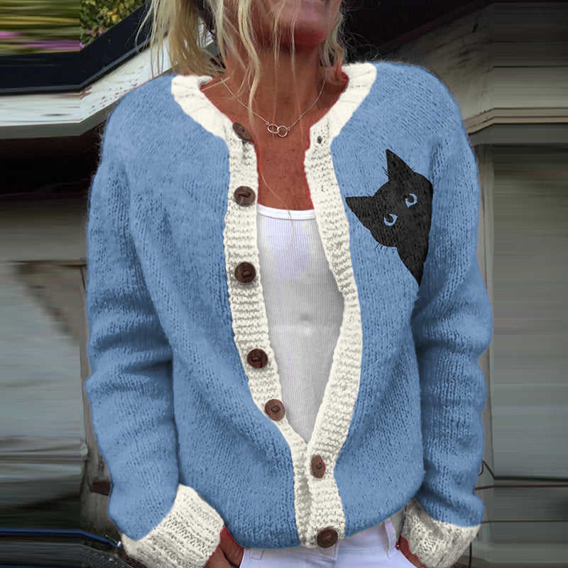 Vintage Peek-A-Boo Hiding Black Cat Printed Comfortable Sweater Knit Cardigan elevenforest