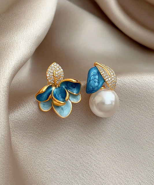 Bluecopper Zircon Asymmetric Pearl Enamel Drop Glaze Stud Earrings