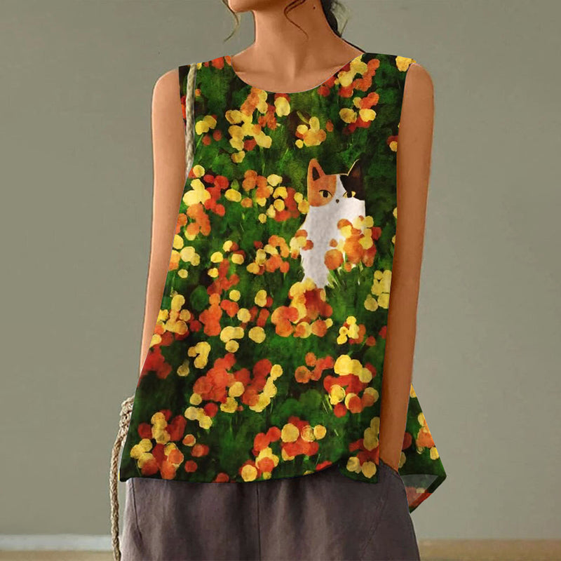 Comstylish Flowers Cat Art Print Casual Tank Top