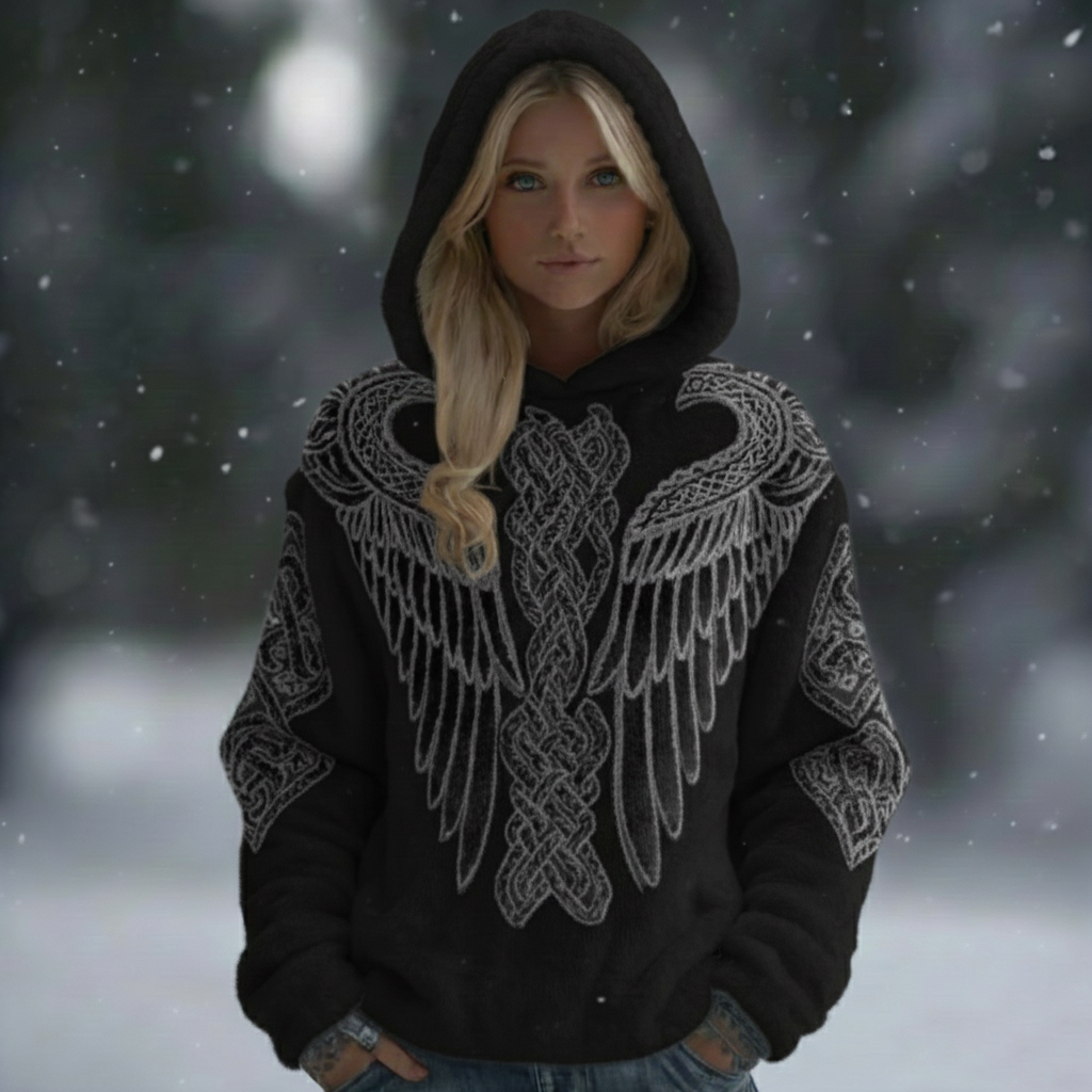 Comstylish Women's Viking Celtic Knot With Wings Inspired Art Plush Warm Flannel Hoodie
