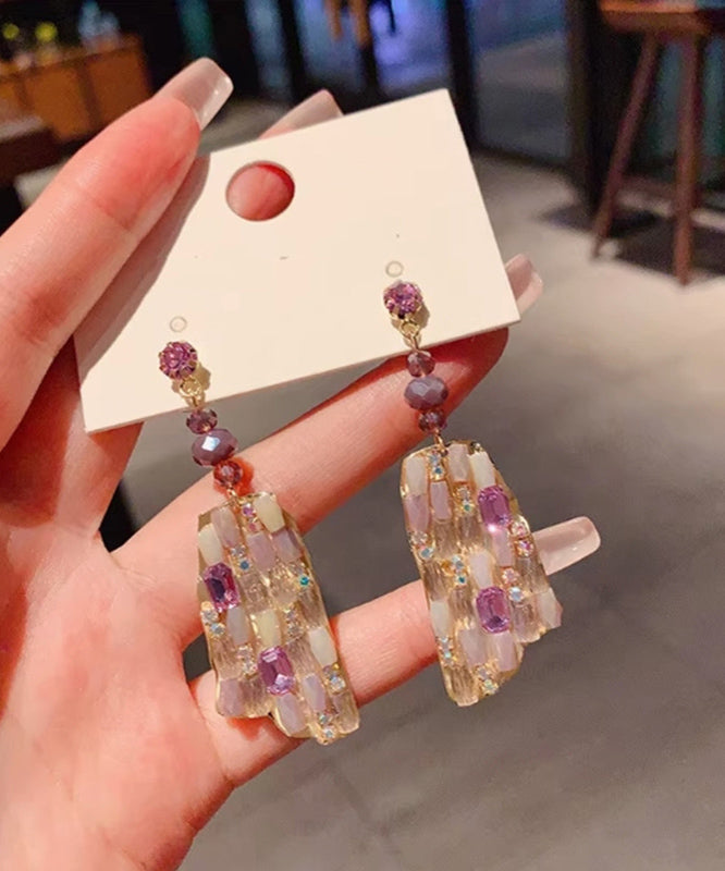 Purple Copper Alloy Crystal Drop Earrings